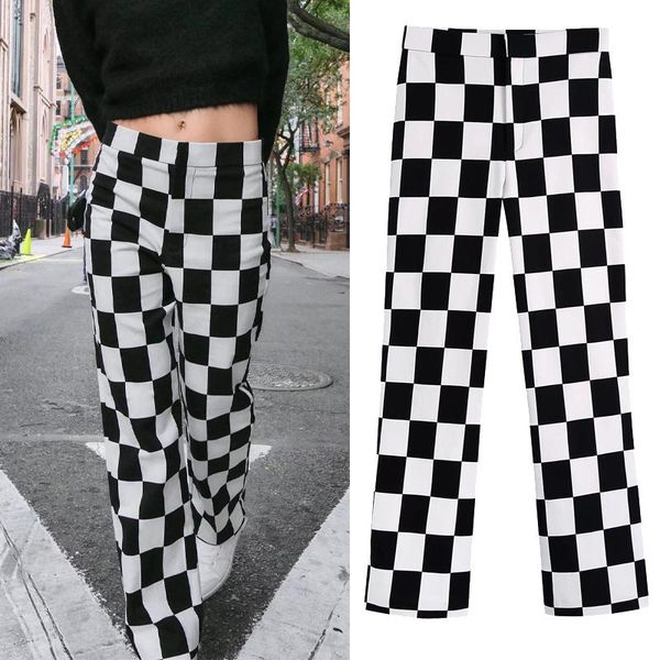 women's pants & capris za high waist plaid for women black white chequered straight leg trousers vintage streetwear